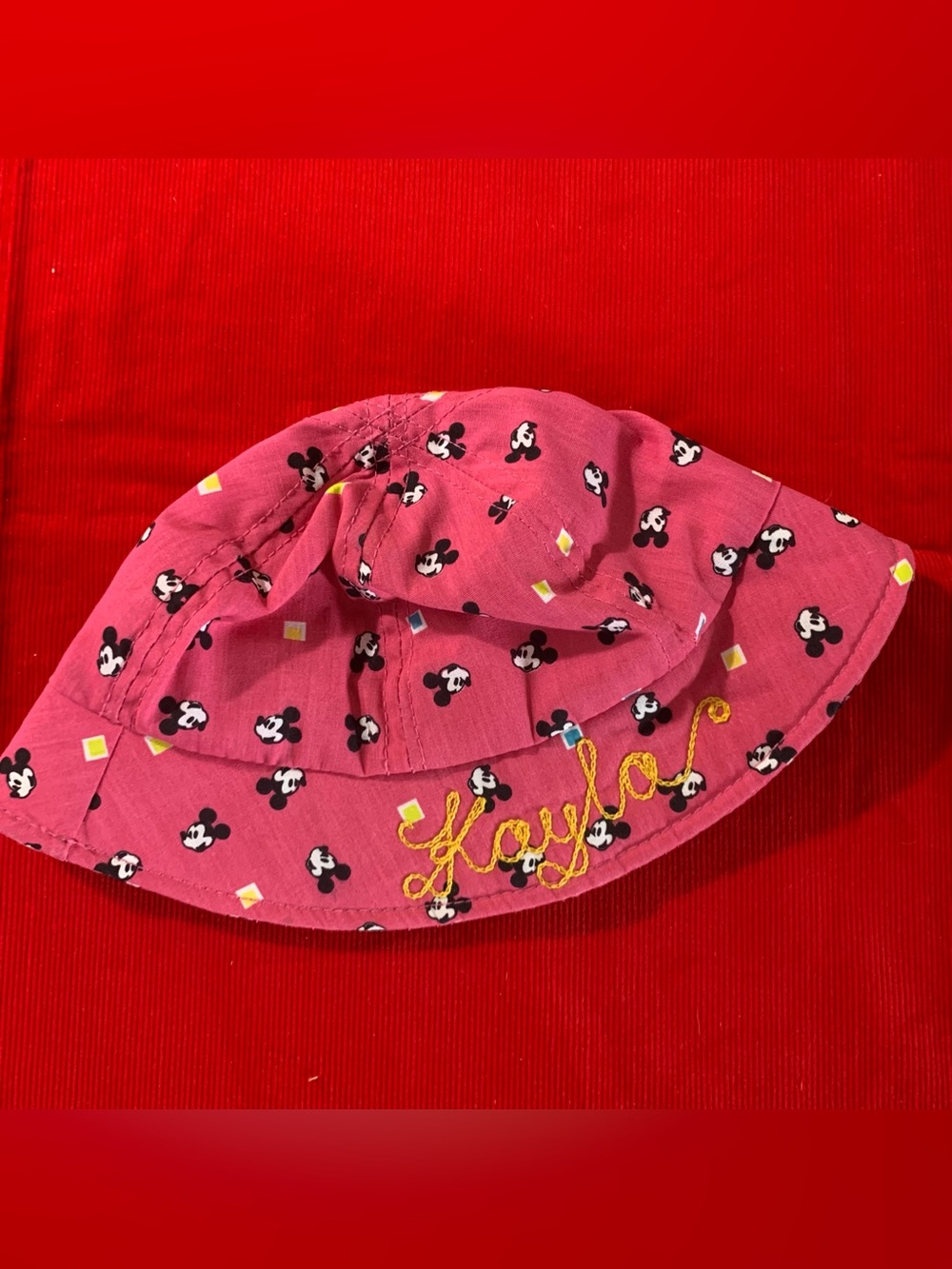 Vintage Disney USA made pink Mickey Mouse bucket cap w chain stitched Kayla name